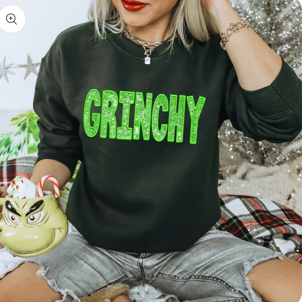 Jerzees Dark Green Sweatshirt with Bright Green 'GRINCHY' text